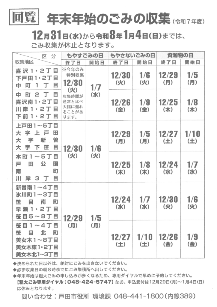 年末年始のごみの収集(令和7年度)